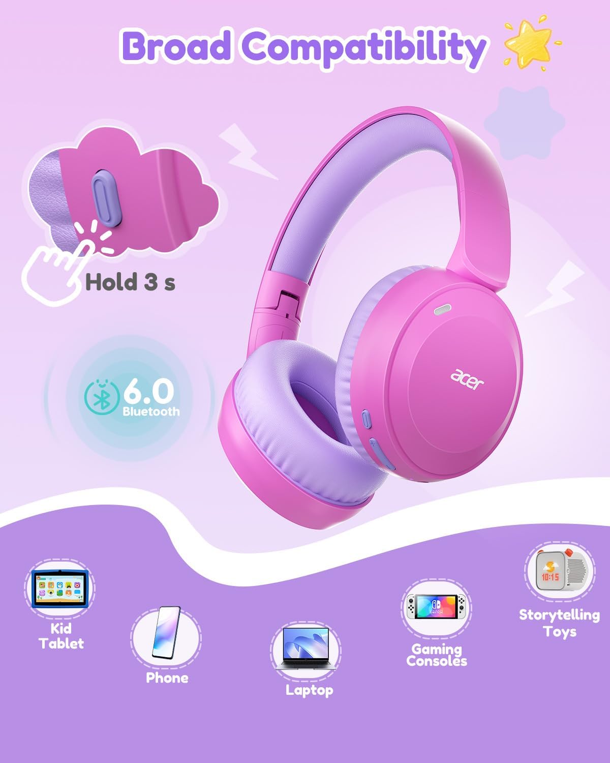 acer Kids Bluetooth Headphones, 85/94dB Volume Limiter, Foldable Wireless Over-Ear Headphones for iPad, Travel, 60H Playtime, Bluetooth 6.0, Built-in Mic, Pink, OHR668