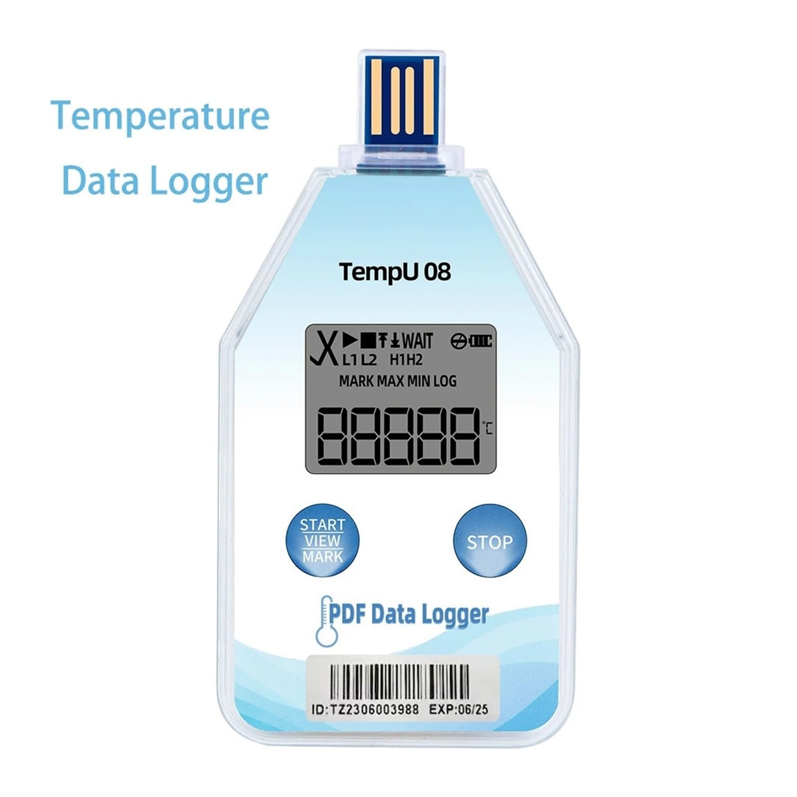 Rejestrator danych Jednorazowy rejestrator danych dotyczących temperatury i wilgotności z raportem PDF 32 000 punktów do transportu w łańcuchu chłodniczym (TempU08,5pcs)