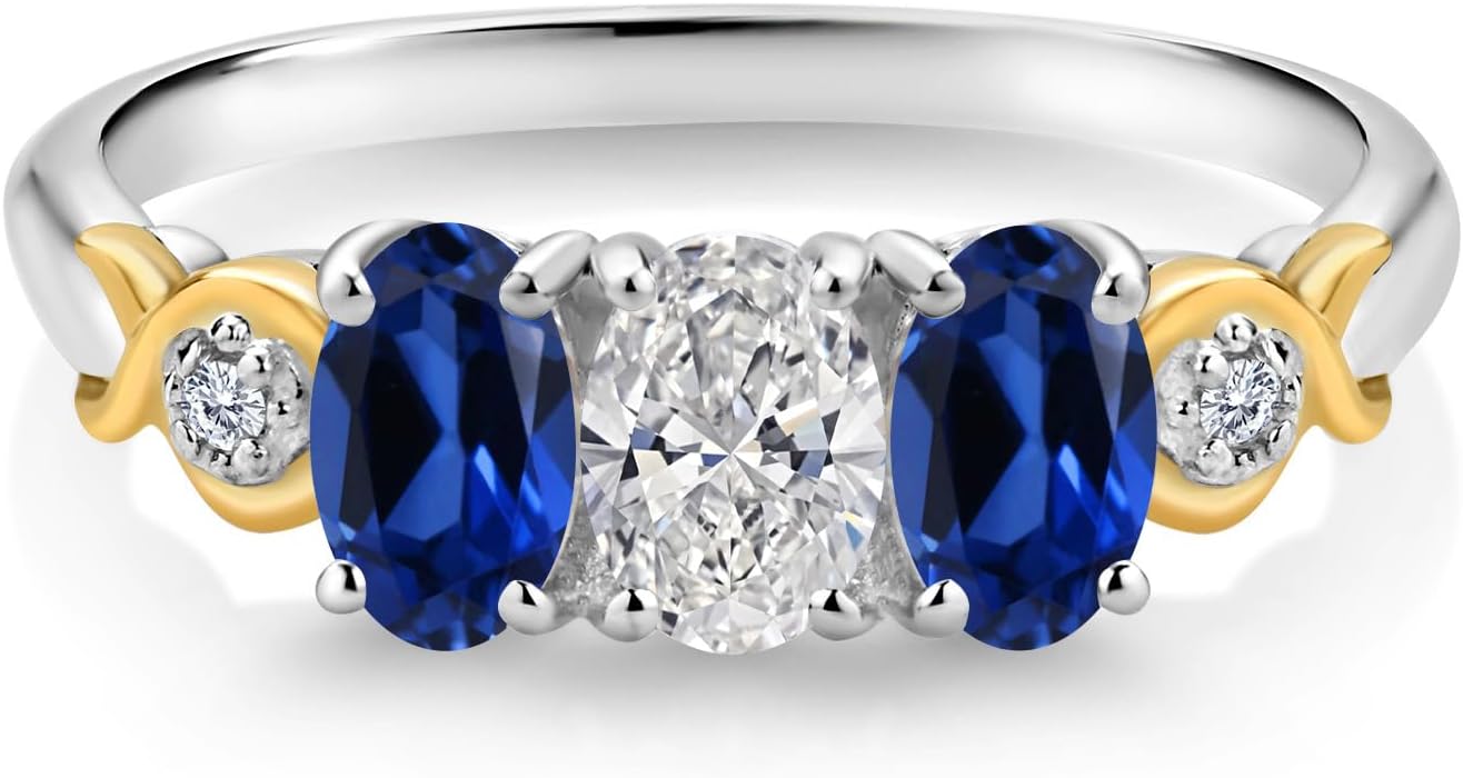Gem Stone King 925 Silver and 10K Yellow Gold White Lab Grown Diamond and Gemstone Birthstone 3-Stone Engagement Ring for Women | Oval 6X4MM & Round 1.3MM | Two-Tone Wedding Anniversary Promise Ring |