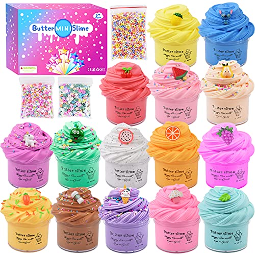 15 Pack Butter Slime Kit,with Blue Stitch,Pink Unicorn,Yellow Pineapple Etc 15 Slime Charms,Kids Cheap DIY Slime Stuff,Soft Non-Sticky Slime Set, Slime Surprise and Slime Party Favors for Girls Boys