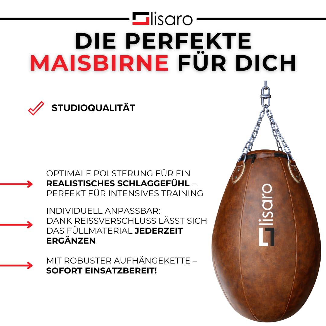 Lisaro Profi Maisbirne 70 cm – Boxbirne Punchingball hängend – 17 kg gefüllt – Premium Kunstleder Punching Bag für Boxen, Muay Thai, Kickboxen, MMA & BJJ – Boxsack Training für Gym & Home Gym