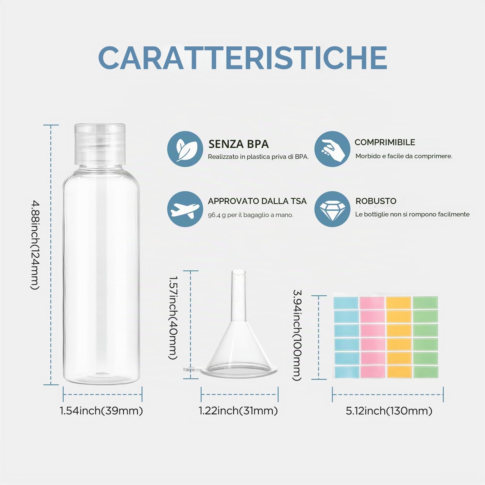 Romon Bottiglie di Viaggio, 6 Pezzi 100 ml Set di kit Viaggio Aereo in Plastica con 2 Piccoli Imbuti Viaggio accessori Utili Flaconi per la Cosmetica Trasparenti per Viaggi, Campeggio, Viaggi d'affari