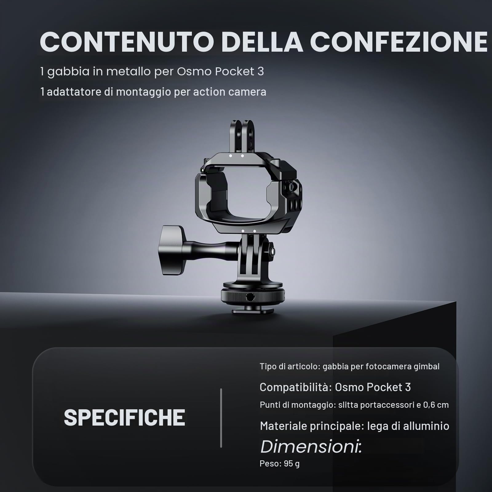 NEEWER Pocket 3 Cage, Rig Video Gimbal in Lega Alluminio con Adattatore di Estensione Action Cam Filetto 1/4" ColdShoe Compatibile con DJI Osmo Pocket 3 Creator Combo,Non Richiede Assemblaggio, AC009