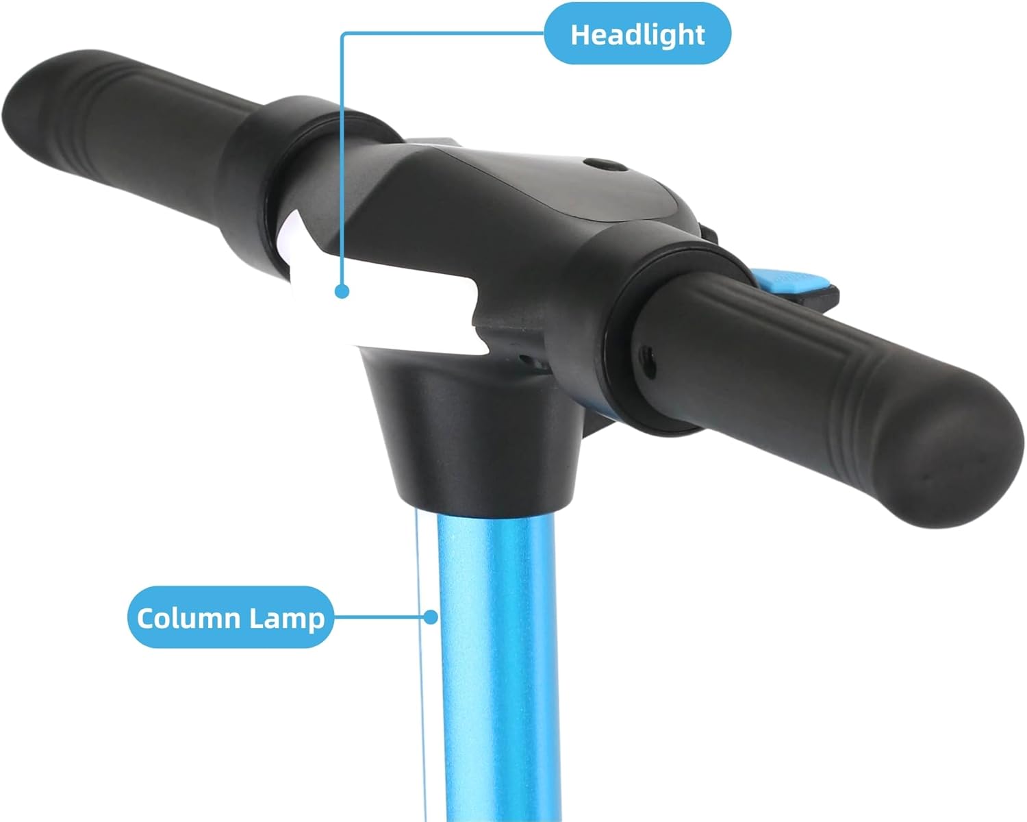 Close-up of scooter handlebar showing the headlight and column lamp.