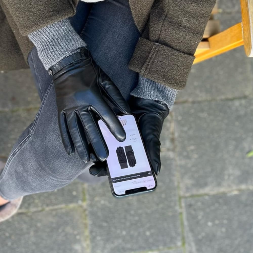 STELLA New Edition - Guantes de piel para mujer con capucha de punto largo y cálido, capaces de pantalla táctil, suave piel de cordero extra cálido y elegante