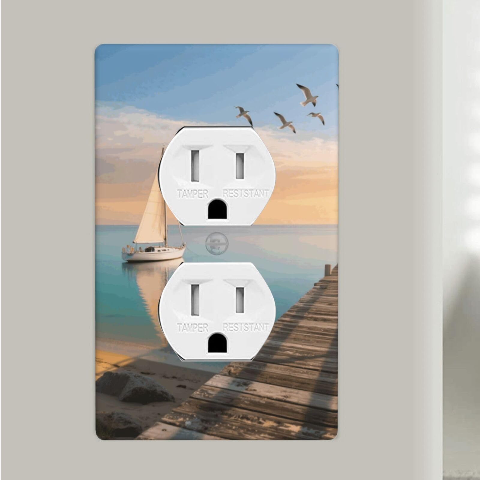 Beach Sailboat Seascape Duplex Outlet Covers Wall Plates 1-Gang Switch Outlet Electrical Cover Plate Unbreakable Polycarbonate Switchplate Cover Faceplate For Bathroom Kitchen Home Decor