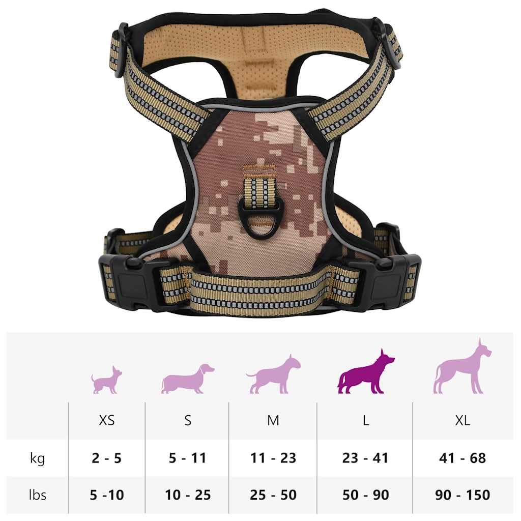 Hundegeschirr mit Leine und Halsband Camouflage Braun Polyester verstellbar L für Welpen und Hunde mit reflektierenden Streifen und 4 Gurten für Sicherheit und Komfort beim Spaziergang