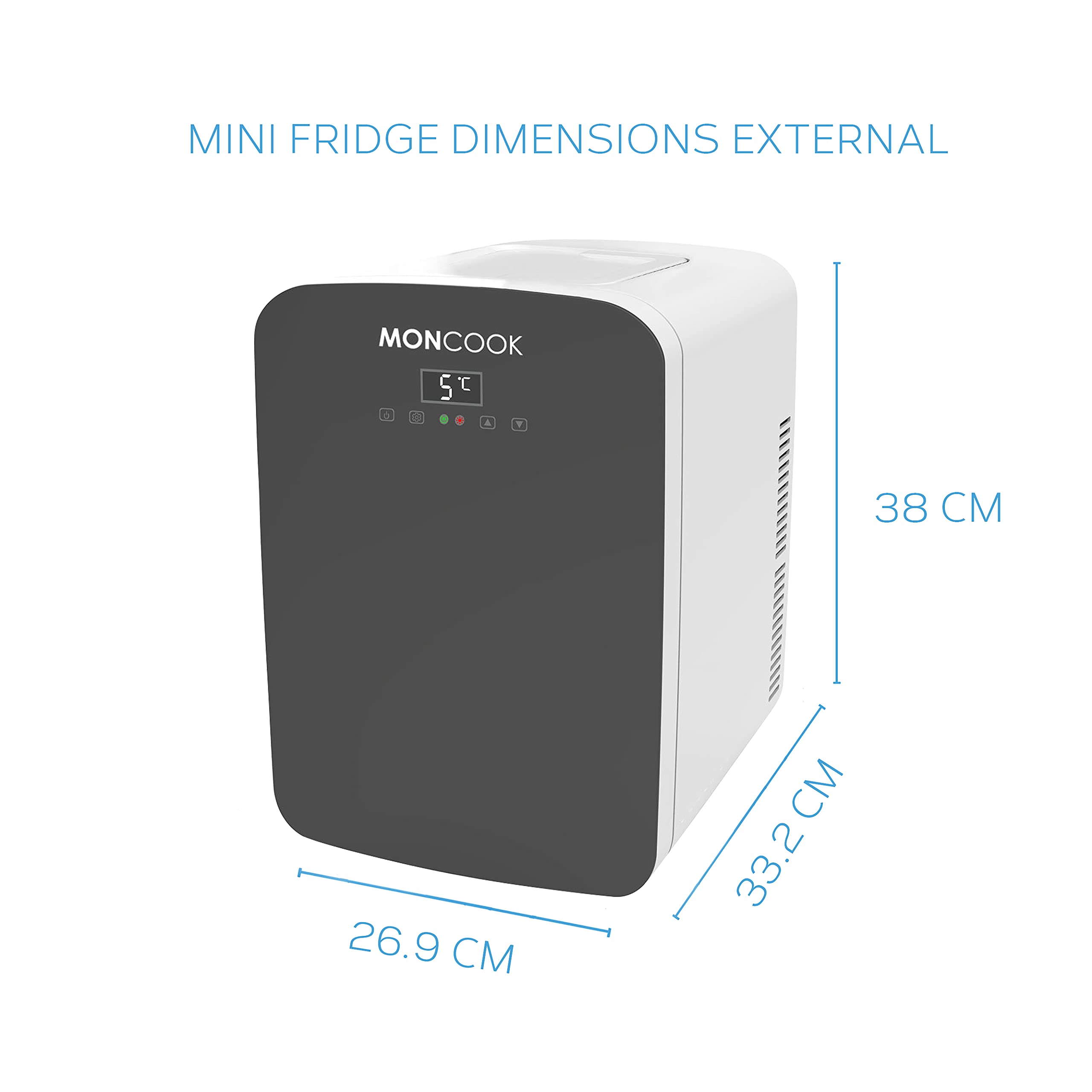 MONCOOK Mini Fridge For Bedrooms - Digital LED Display - Glass Door Mini Fridge For Skincare, Food & Drinks - Cooling & Warming Function - Perfect For Home, Office, Car Or Travel - 15L Grey