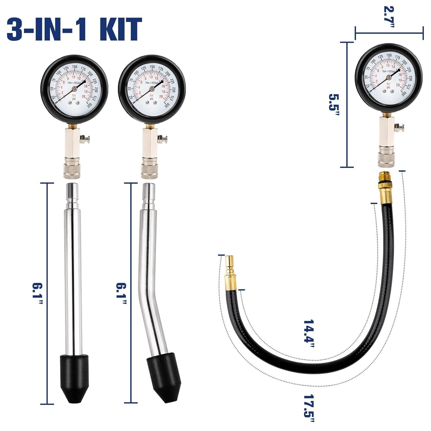Kompressionstester Kompressionsmessgerät für Benzin und Diesel Motor öldruckprüfer Motorrad Kompression prüfen meßen Kfz M10 M12 M14 M18 0-20 bar & 0-300 psi