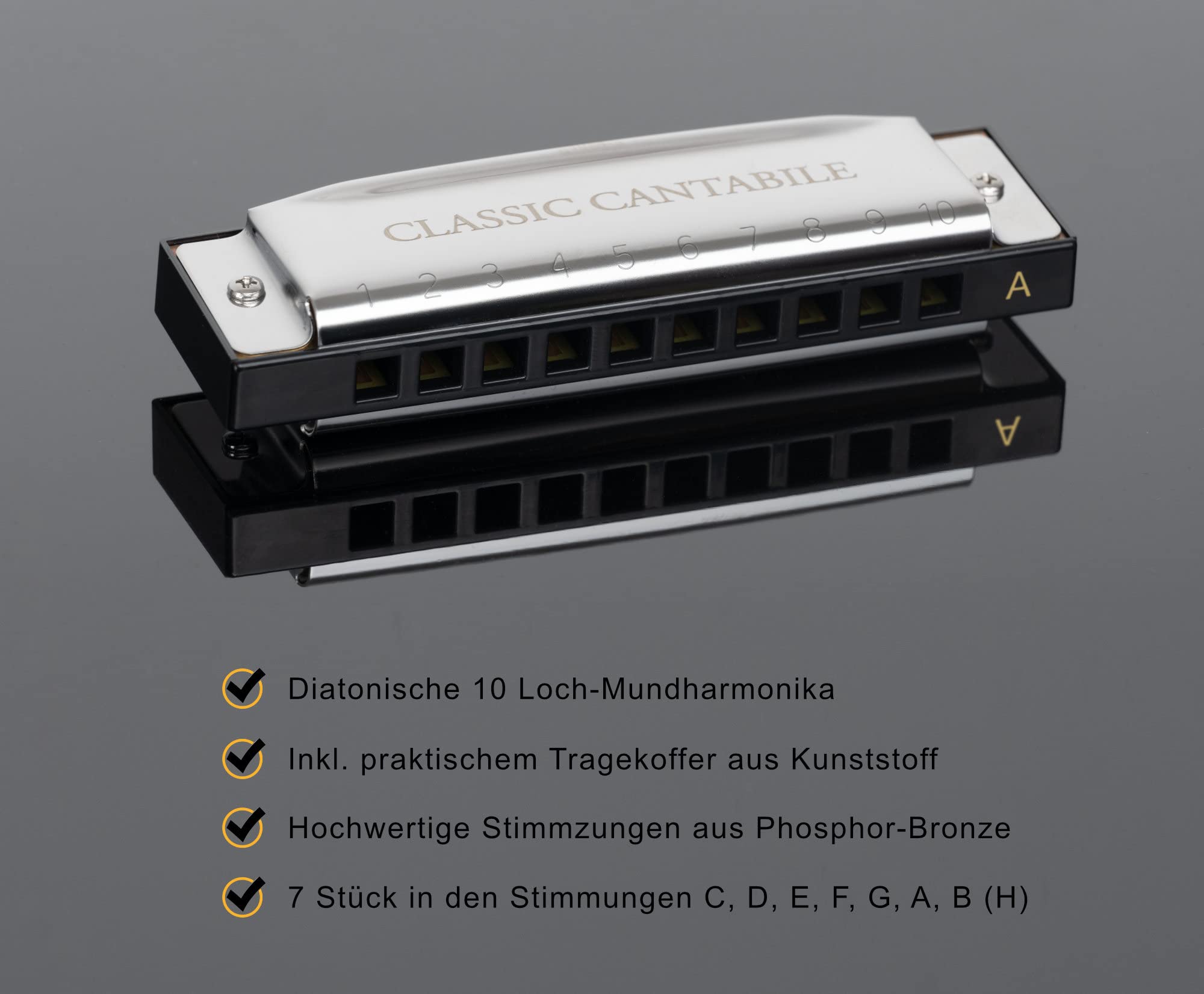 Classic Cantabile AHBS-7 Alabama Blues Harmonica Set de 7, Accords: C | 7 harmonicas diatoniques, B (H), Plaques vibrantes spéciales pour son blues harmonica typique, Matériau boîtier: acier chromé