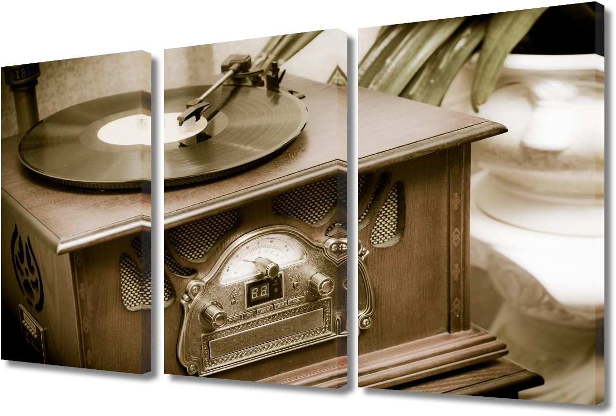 Vintage Acoustic Guitar Drum A Wooden Background Canvas Paintings Bedroom Canvas Wall Art 3 Panel Vintage Records Wall Art for Living Room Violin Pictures Posters and Prints Ready to Hang (36"Wx24"H)