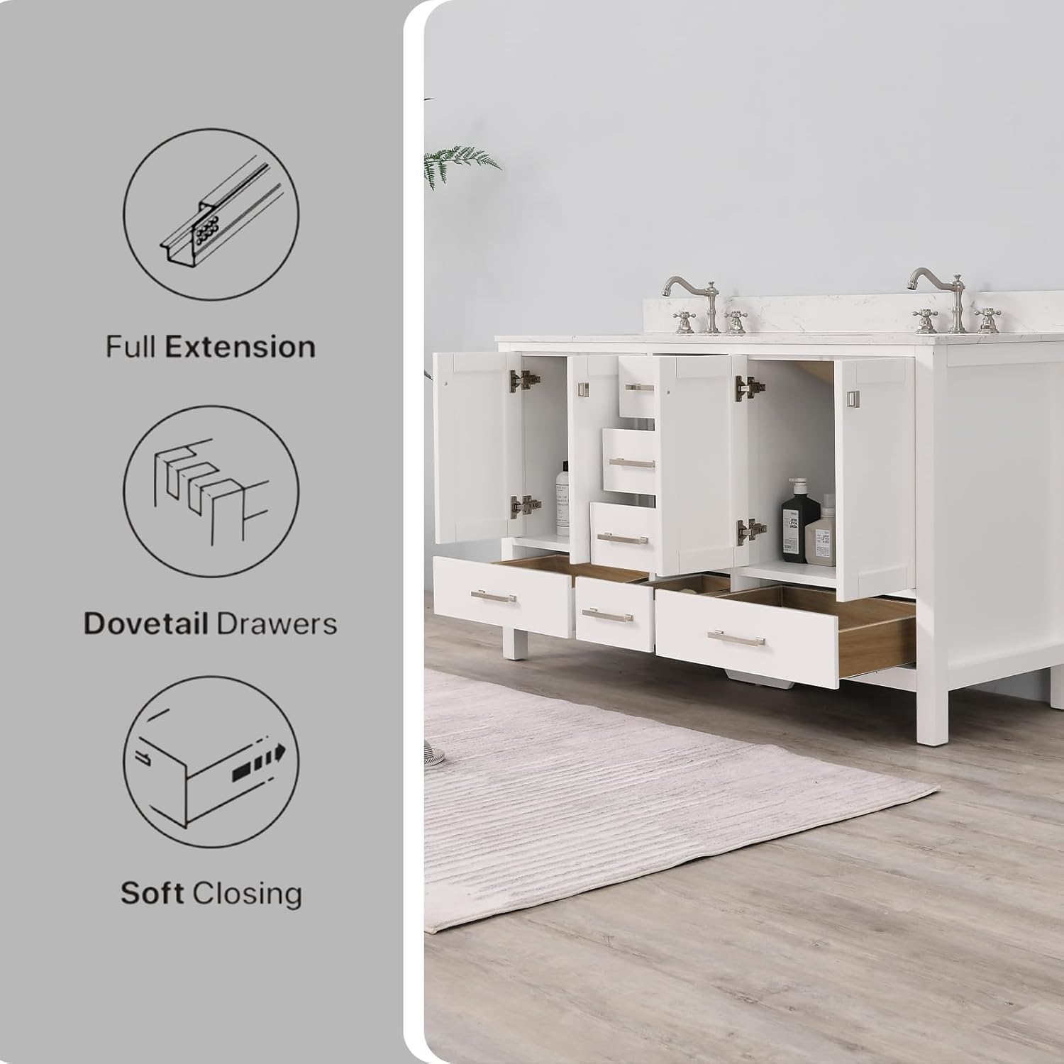 Dornberg 60 in. Bathroom Vanity, Free Standing Bathroom Vanity with Double Sinks, Wood Bath Cabinet with Carrara White Engineered Stone Countertop, 2 Doors & 9 Drawers, Full Assembled, Soft White