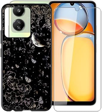 for Xiaomi Poco C65 Case, with [ 1 x Screen Protector Tempered Glass Film], Black Soft Silicone Cover Shockproof Bumper Protection Case for Xiaomi Poco C65 6.74" - XV14