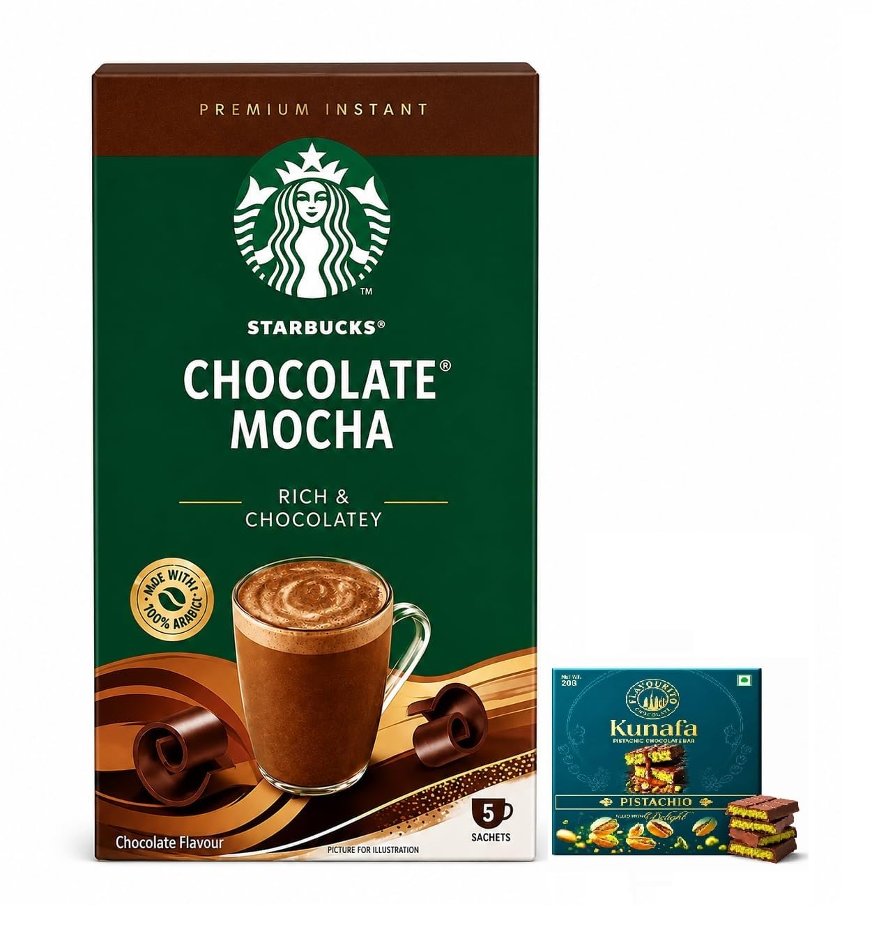 Starbuckks Chocolate Mocha Instant Coffee Beverage, Rich and Chocolatey, 5 Sachets, 110g With FREE Flavourito Kunafa Chocolate 20g By Decadent Foods-image-25