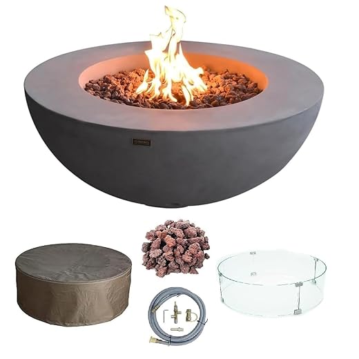 AMS Fireplace Elementi Lunar Bowl Cast Concrete Fire Table, Outdoor Fire Pit Fire TablePatio Furniture, Stainless Steel Burner, Canvas Cover and Lava Rock Included, Free Wind Guard (Natural Gas)