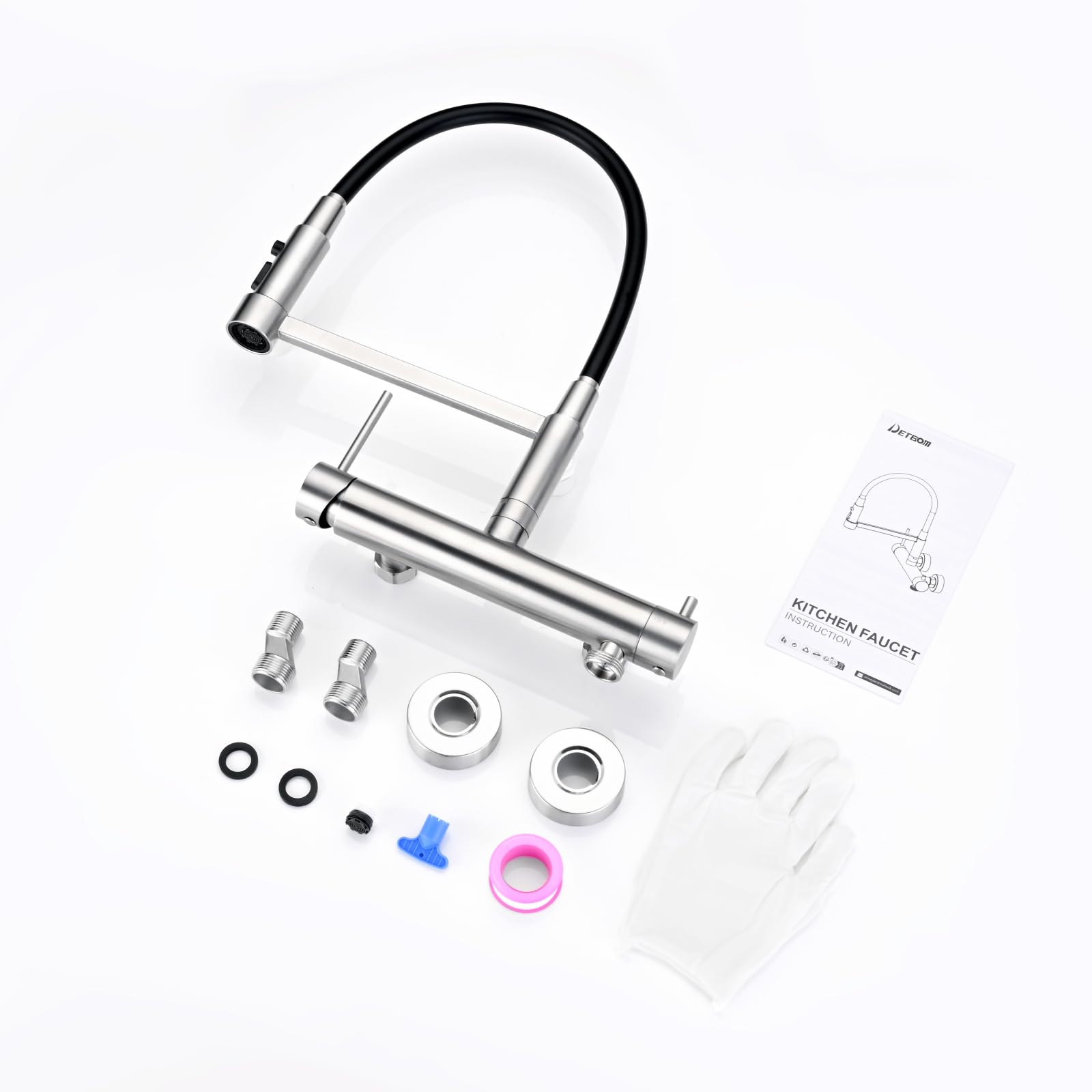 Robinet Cuisine Mural avec Interface 3/4 pour Lave-vaisselle, Argent | 3 Jets d'eau Mitigeur Evier Cuisine, Rotation à 360°, Mitigeur Cuisine Flexible (Hauteur totale 385mm)