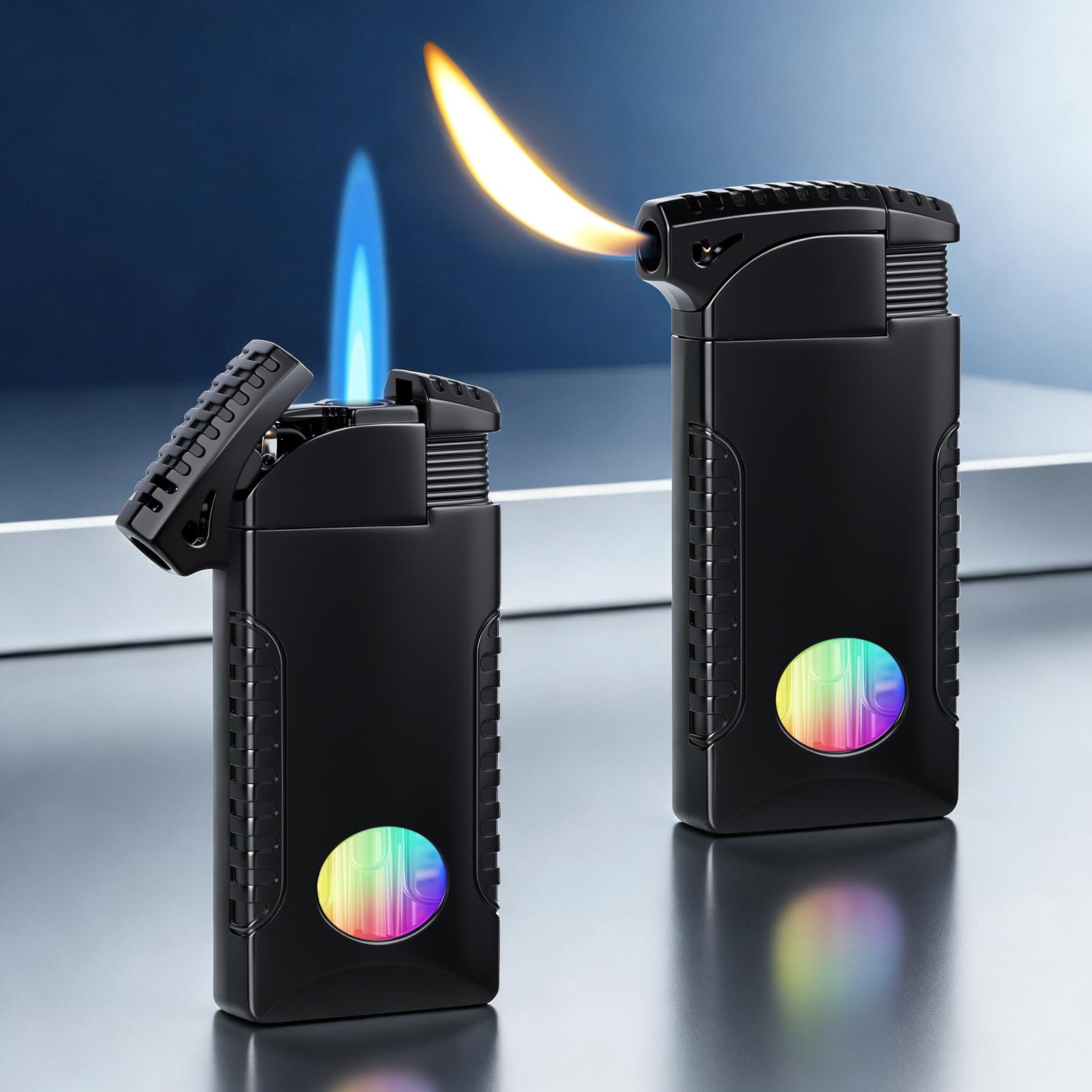 Cool Dual Flame Lighter, Refillable Butane Torch Lighter, Creative Jet/Soft Flame Gas Lighters with Visible Fuel Window & LED Light, Unique Gift for Men Dad Husband (Gas Not Included)