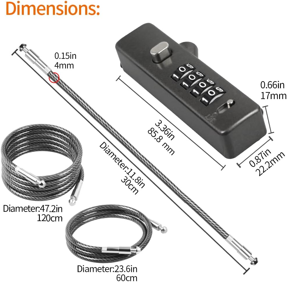 Diagram showing the dimensions of the RESET-028 lock body and the three included cable lengths.