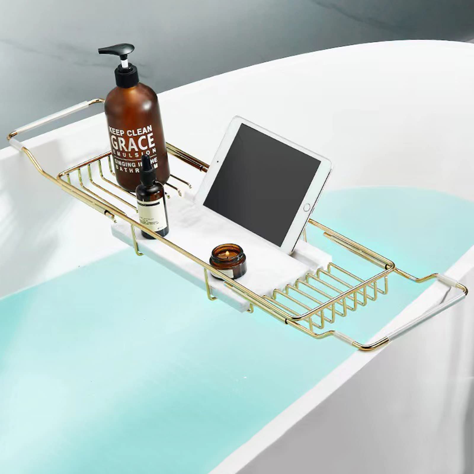 JKJZSALJ Stainless Steel Bathtub Caddy Tray With Non Slip Grip Expandable Bath Tub Racks And Shower For Most Tubs,Gold-2