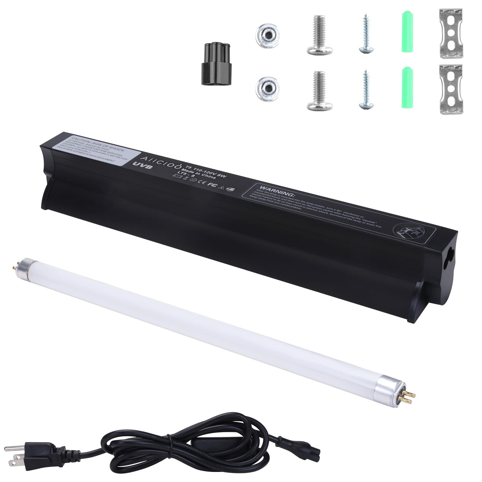Aiicioo T5 HO UVB Reptile Light Fixture 5.0 8W Light Combo Kit 12 Inch Light Fixture Reptile Terrarium Hood with 8W Reptile Light Bar for Bearded Dragon Lizards Turtle Tank