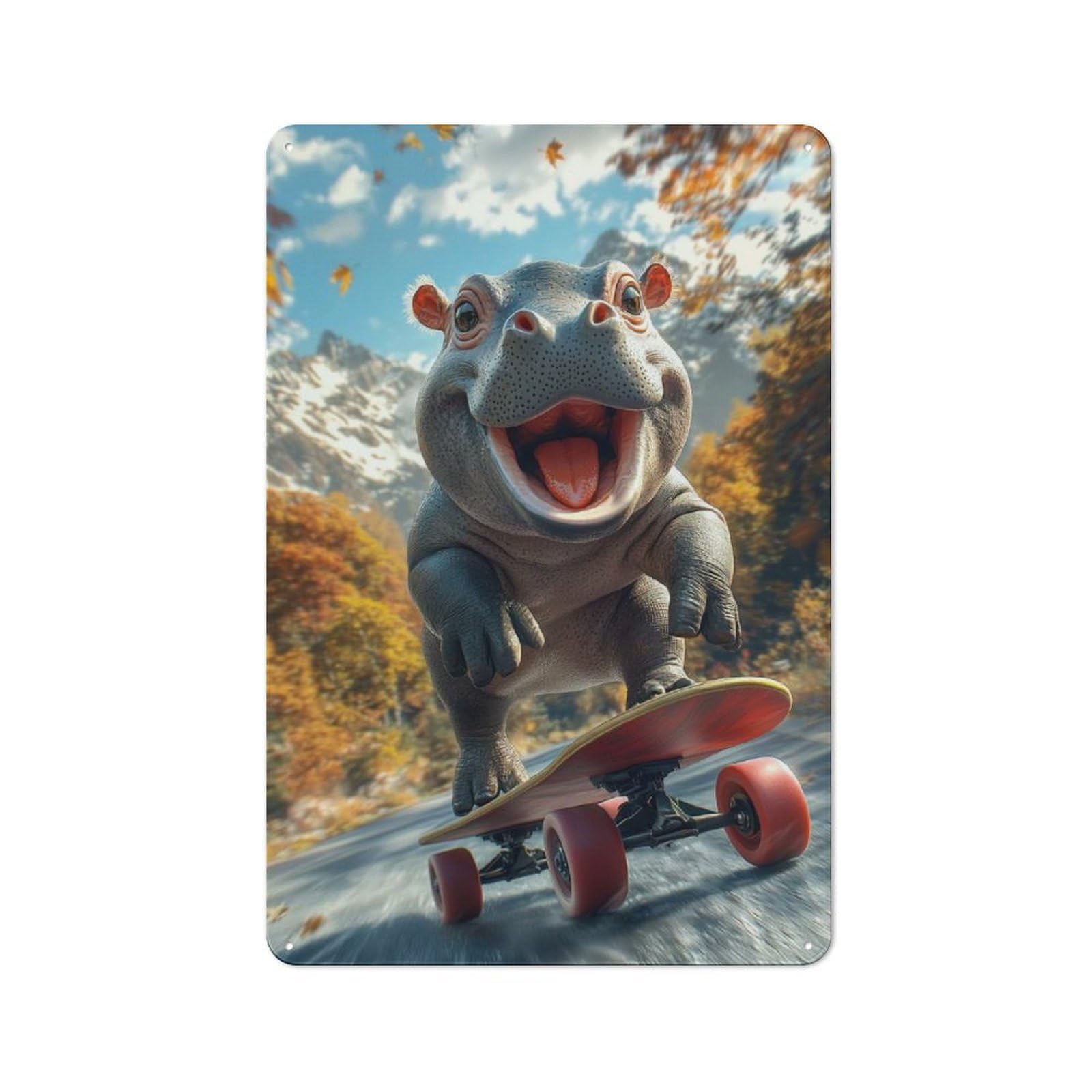 Junmoney Style-22 Smiling Hippo Skateboarding Urban Metal Wall Decor 30X20cm, Metal Wall Art Sign For Loft, Studio, Office Or Creative Room