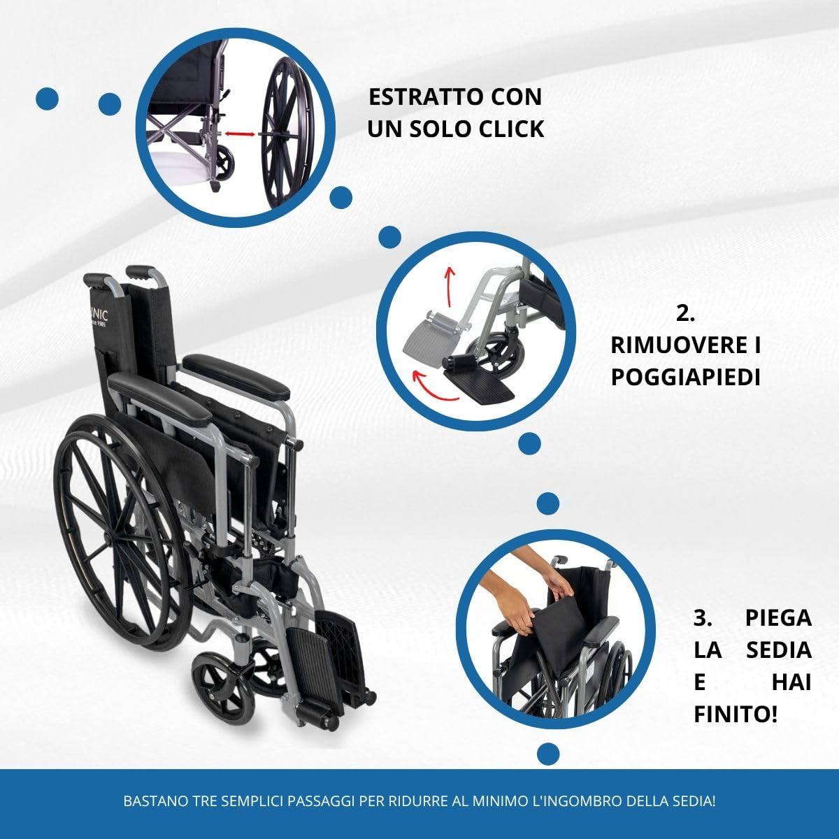Mobiclinic®, Sedia a rotelle pieghevole, Semovente, Marchio europeo, Robusta, Seduta 46cm, Poggiapiedi e braccioli pieghevoli rimovibili, Leva del freno, Ruote sgancio rapido, Argento, Marsella