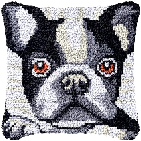 Boston Terrier Dog Latch Hook Kits Pillow Printed Canvas Cushion Crochet Yarn Needlework Hook Latch Kit DIY Embroidery Pillowcase Rug Cover Home Sofa Christmas Decoration 43x43cm(6) image 4