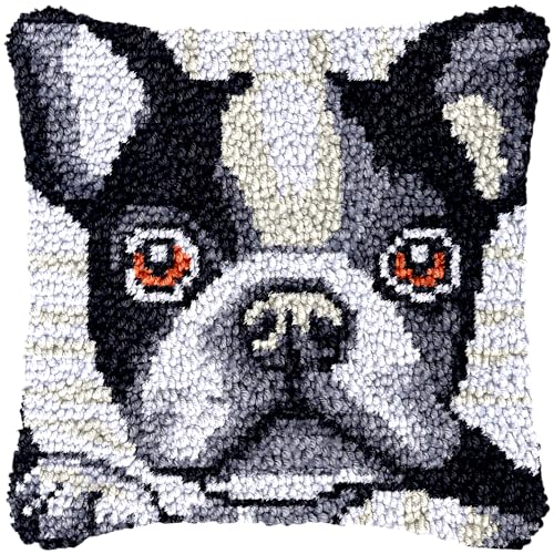 Image of Boston Terrier Dog Latch Hook Kits Pillow Printed Canvas Cushion Crochet Yarn Needlework Hook Latch Kit DIY Embroidery Pillowcase Rug Cover Home Sofa Christmas Decoration 43x43cm(6)