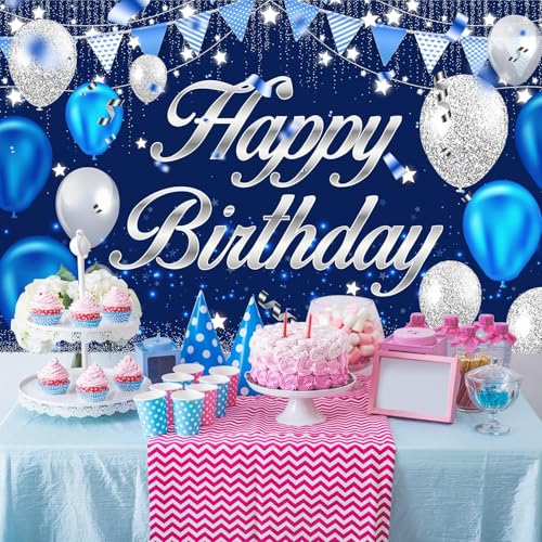 Image of DARSHANAM WORLD Birthday Decoration Backdrop Cloth Curtain (Pack of 1, Size: 5x8 Feet) Background Enhancer Poster,Happy Birthday Sign Theme-(Polyester) (Old Blue)