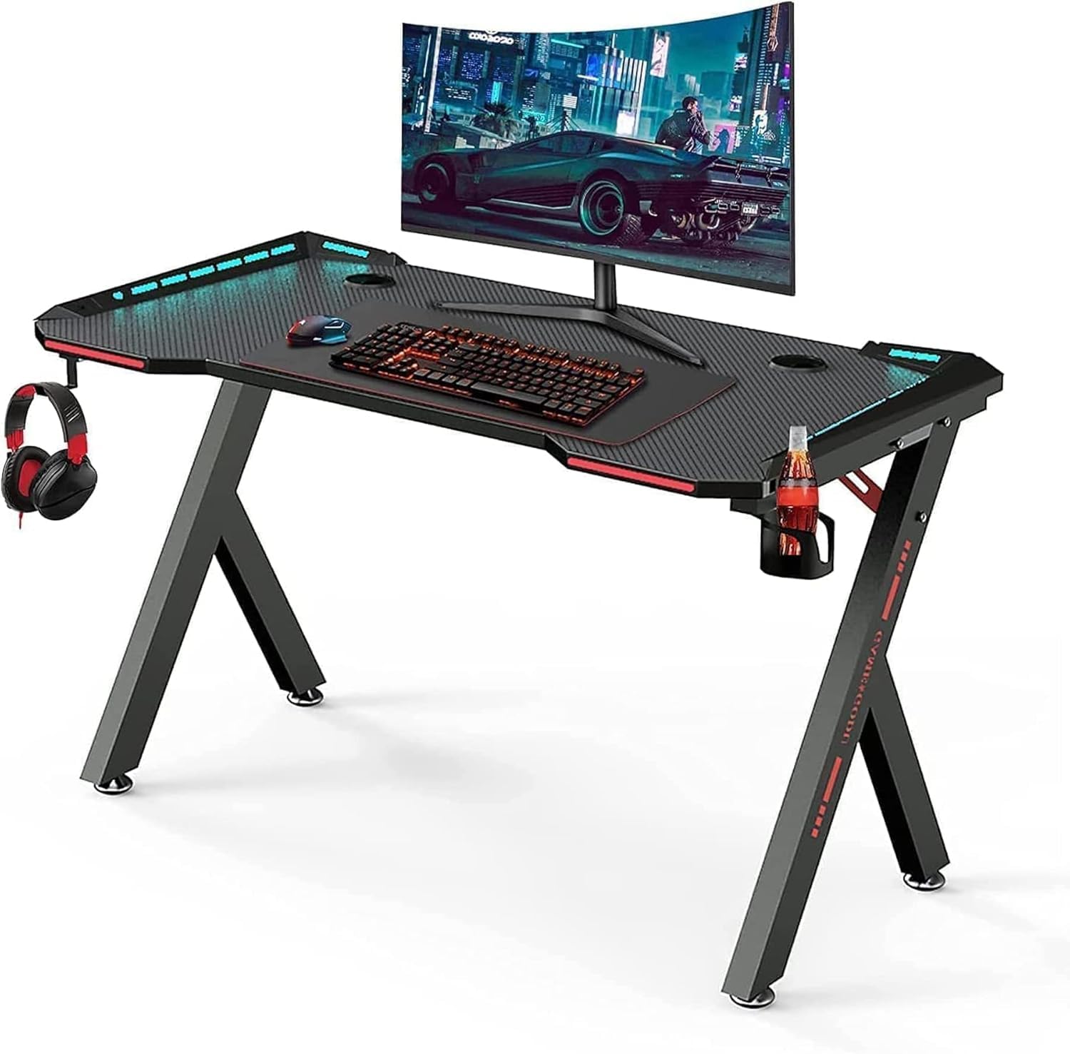 Uzman HomeGaming Desk with LED RGB RC Light,Z Shaped for Pc,Blue120×60×75cm