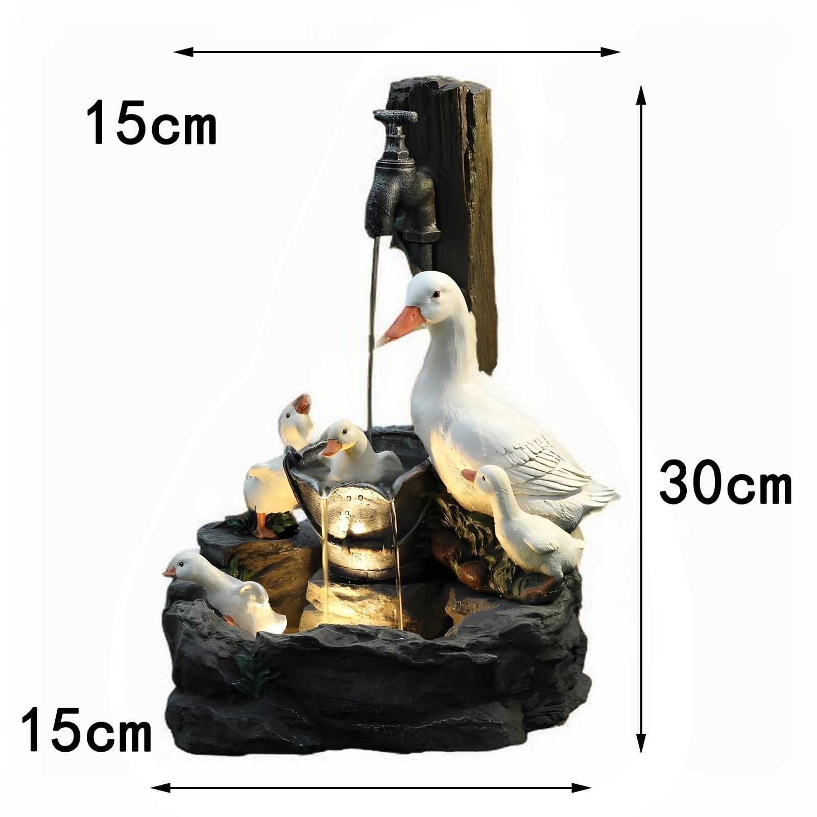 Fuente de agua alimentada por energía solar para interiores y exteriores, estatua de paisaje acuático con luz LED, fuente jardin solar，fuente de estatua de pato de resina para decoración de patio