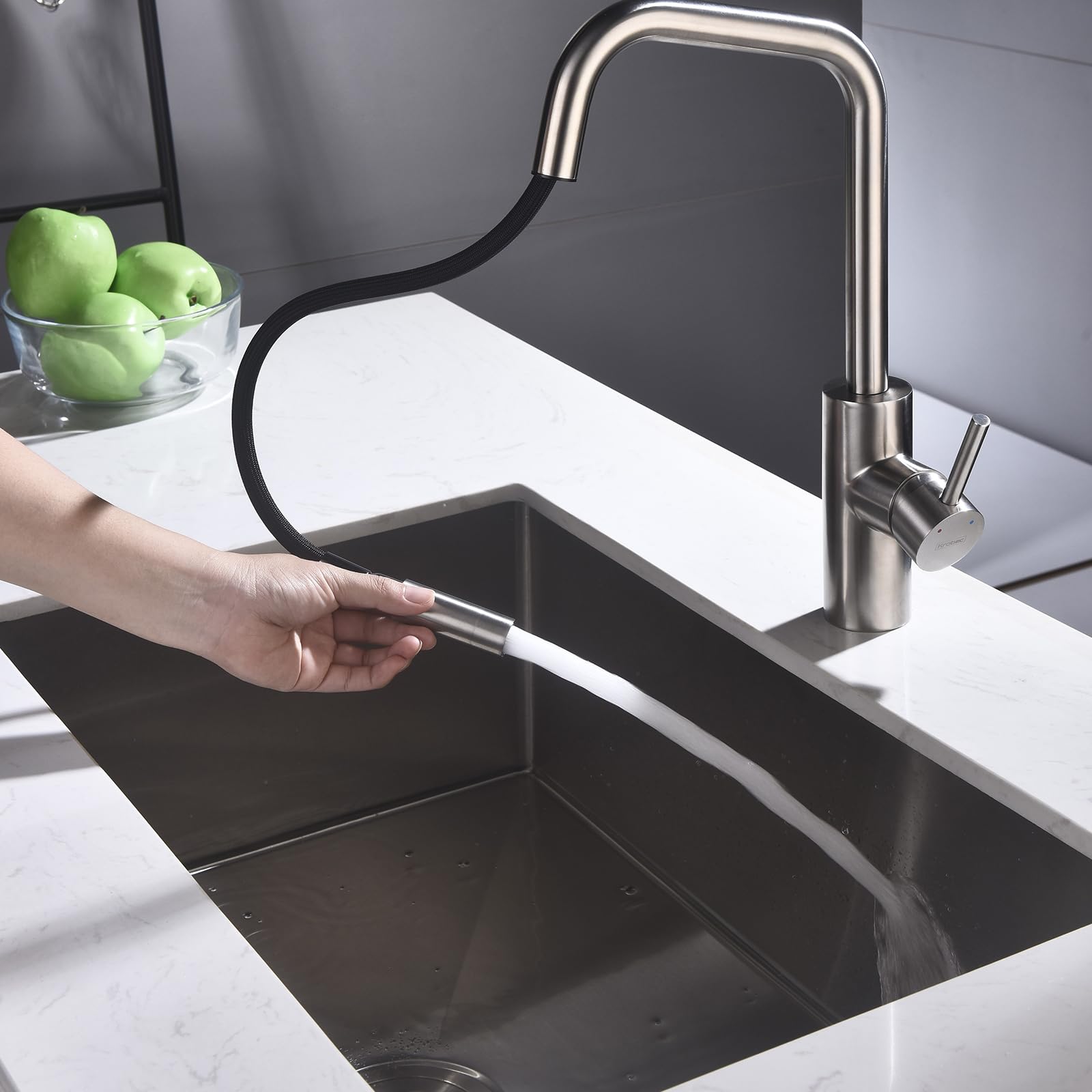 Krobec grifo cocina extraible, grifos de cocina, grifos cocina fregadero, grifo cocina flexible, giratorio 360°, Núcleo de válvula de cerámica, acero inoxidable.