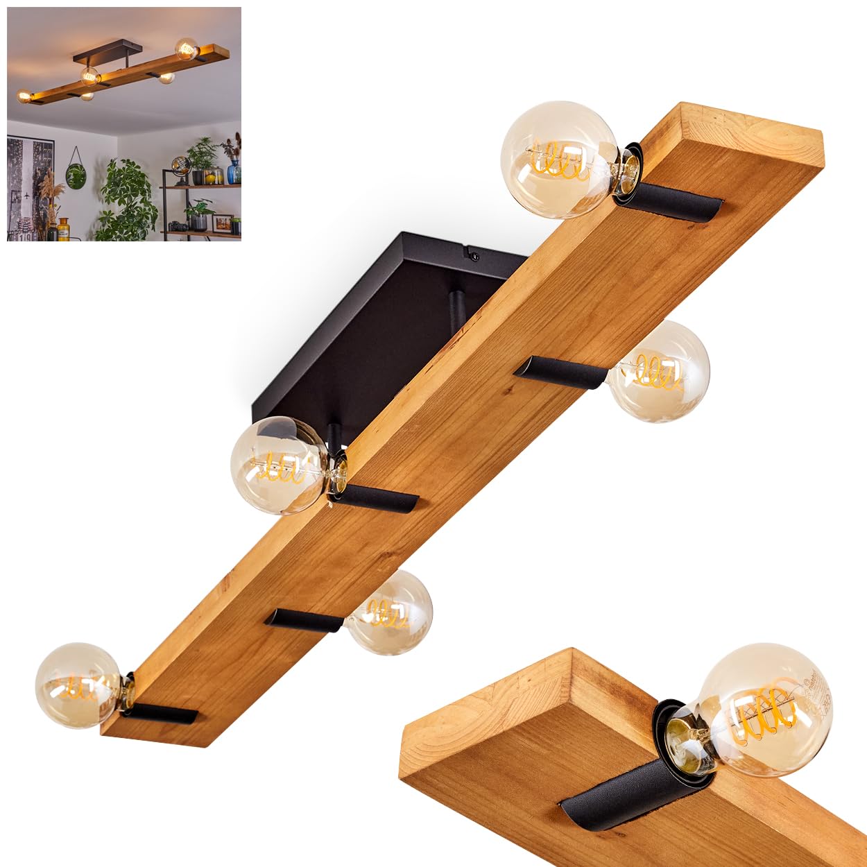 HOFSTEIN Plafoniera Schanis, lampada da soffitto in metallo/legno di colore nero/naturale, lampada moderna in design industrial/retrò/vintage, 5 x E27, soggiorno, sala da pranzo, camera da letto