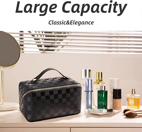 Miniatura 5 de Bolsa de maquillaje a cuadros de gran capacidad, portátil, bolsa de cosméticos de viaje, bolsa de aseo abierta y plana para mujeres y niñas,