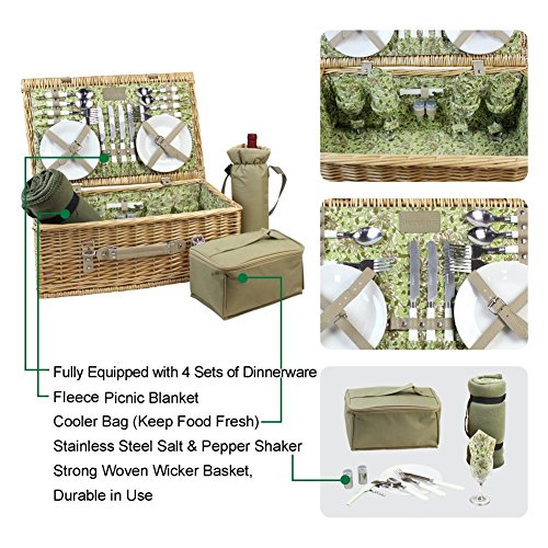 HappyPicnic 4 Personen Wicker Picknick Korb Korb, natürliche Willow Picknick Korb Set mit Wein, Kühler Tasche Picknick Decke & Geschirr MEHRWEG - 6