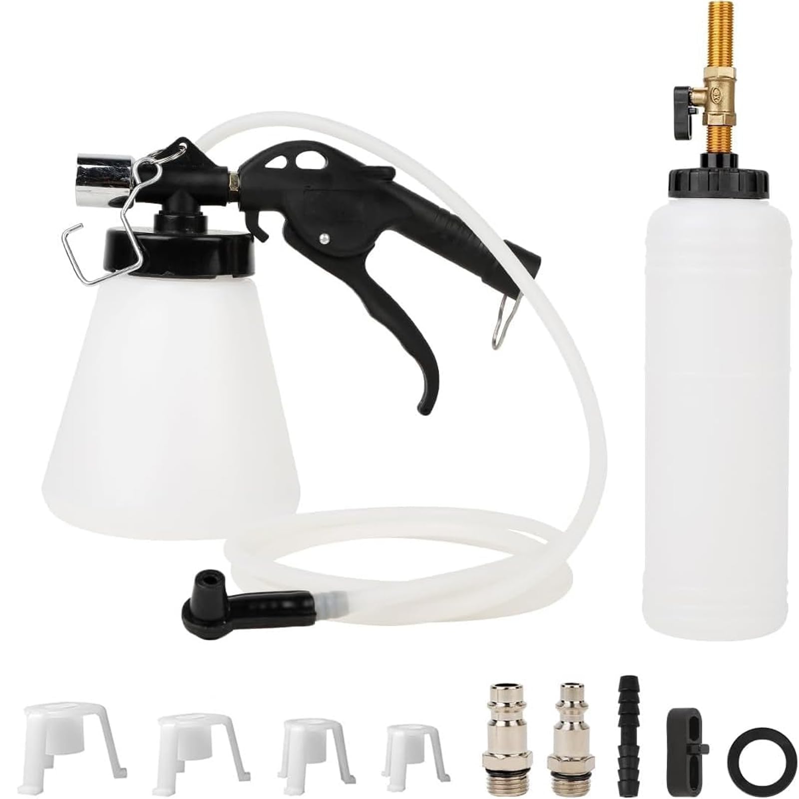 THE WHITE SHOP Brake Fluid Bleeder Tool Kit, Brake Oil Change Set with Extractor and Refill Bottle Master Cylinder Adapters Air Quick Plugs, for Auto Car Truck Motorcycle. 90 to 120 PSI.
