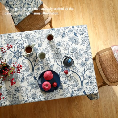 ISAENNE Designer French Linen Extra Long Rectangle Tablecloth,Blue Floral Washable Indoor Table Cloth,Durable Home Decor Tablecloths for Dining Thanksgiving Kitchen Party,67"*118"-Ruyi B by ISAENNE - Image 5