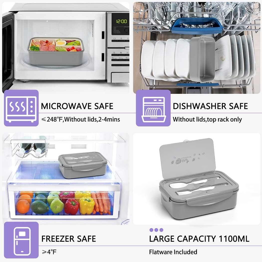 LOVINA Bento Boxes for Adults - 1100 ML Bento Lunch Box Container For Kids With Spoon & Fork - Durable Perfect Size for On-the-Go Meal, BPA-Free and Food-Safe Materials(Grey) - Image 4