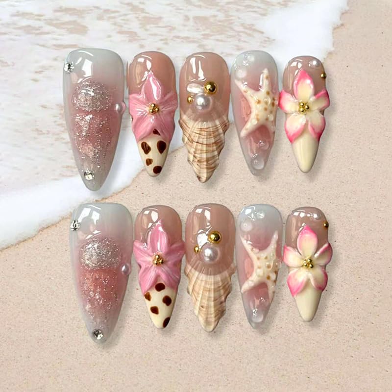 24Pcs Beach Press on Nails Almond Medium Fake Nails Full Cover French Tip Blush Glue on Nails Flowers Starfish 3D Pearls Gold Rhinestone Stick on Nail Holiday Acrylic False Nail for Women