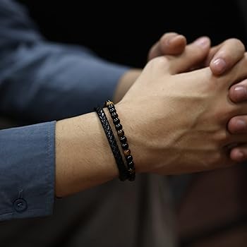 Amazon | [KJOET] ブレスレットメンズブラック黒2連数珠ブレスレット二