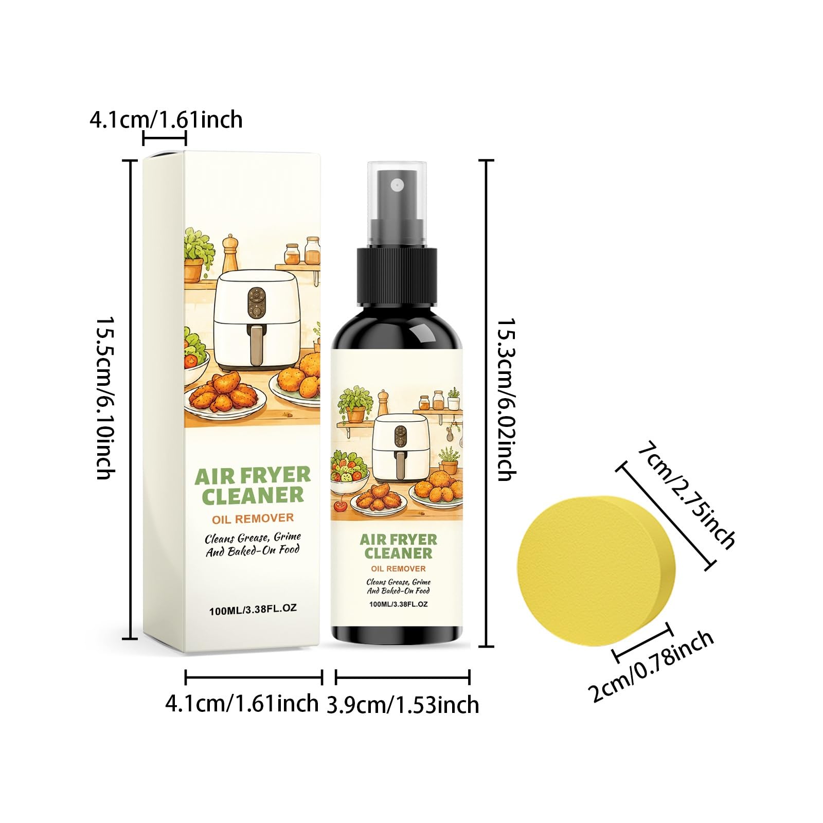 2-in-1 Airfryer-Reiniger und Entfetter-Spray, Airfryer-Reiniger-Spray, Küchenentfetter für Grills, Spezieller Fettlöser für Backofen und Herd (100 ml + Schwamm) (8pcs)
