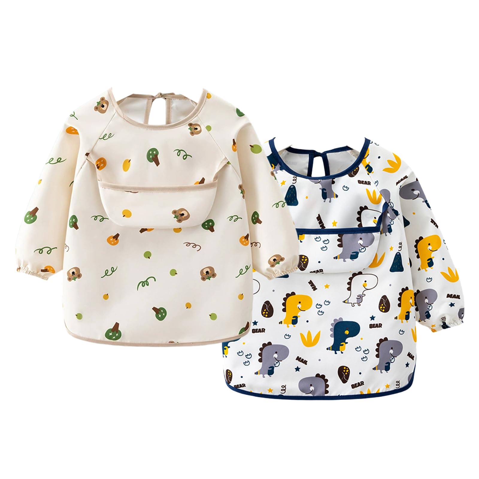 Greyoe 2 Stück Lätzchen Baby, Lätzchen mit ärmeln, Geeignet für Jungen und Mädchen zu Essen, zu Zeichnen und zu Spielen - (Pegasus Planet (blau)+Bamboo Panda (grün))