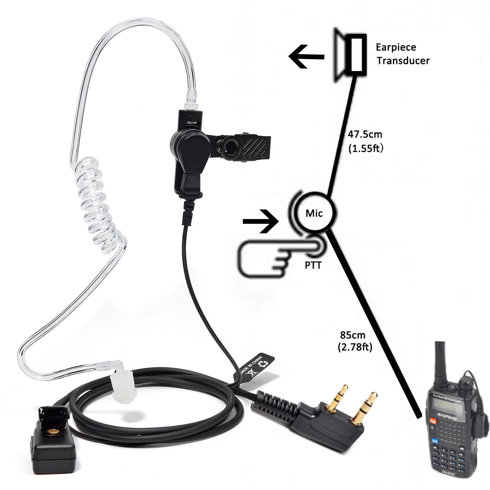 HYS Überwachungs-Headset, Ohrhörer mit klarer Akustikspule, Ohrhörer, Audio-Kit, Walkie-Talkie-Headset mit Mikrofon für Baofeng UV-5R, UV-82, Kenwood, 2-polig, Amateur-2-Wege-Radio