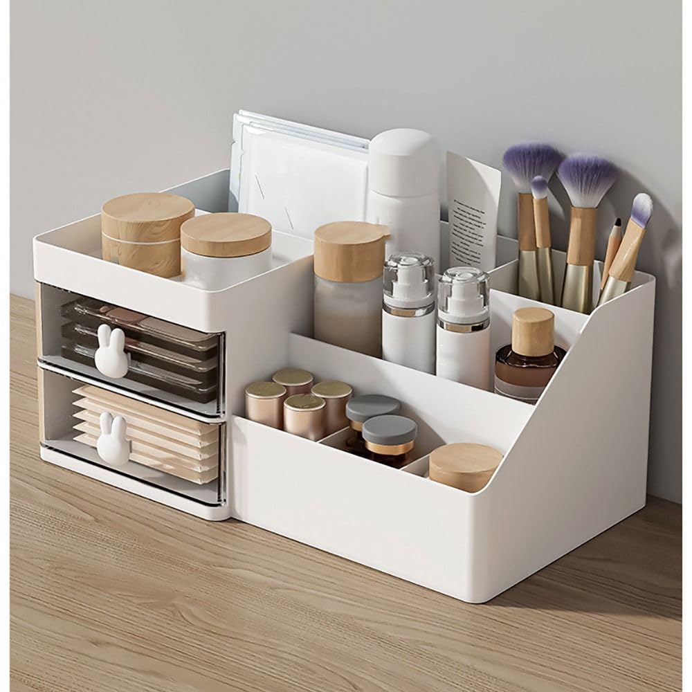 Organizador de escritorio de oficina con cajones, caja de almacenamiento de maquillaje y bolígrafo multicompartimento para tarjetas de visita, lápiz, teléfono móvil (rosa/blanco/amarillo