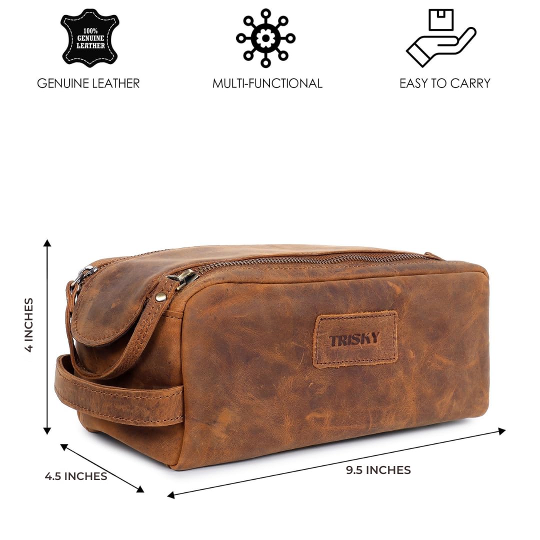 TRISKY Neceser de piel de búfalo para hombres y mujeres, Marrón, M, Neceser
