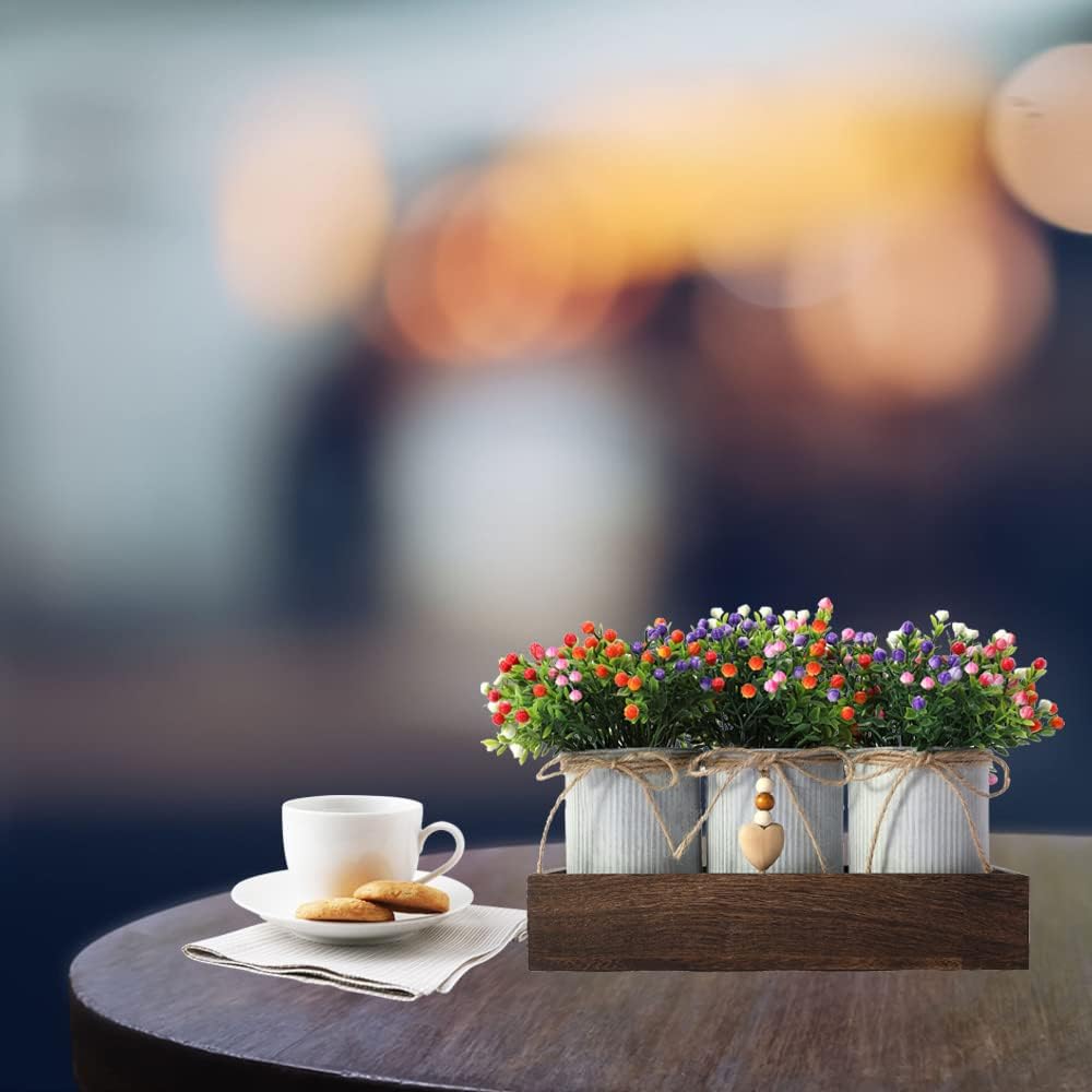 CALAVAK Decorative Centerpiece Wooden Tray with 3 Metal Potted Artificial Milan Flowers Rustic Country Farmhouse Décor for Dining Room, Living Room and Kitchen Table - Image 2