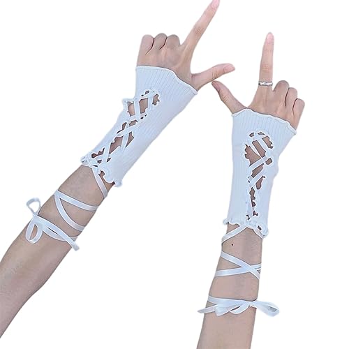 ๐ Lace Ripped Long Gloves Fingerless Fairy Sleeves Arm Warmers Cute Victorian Goth Punk Grunge Halloween Witch Cosplay Women - White Short