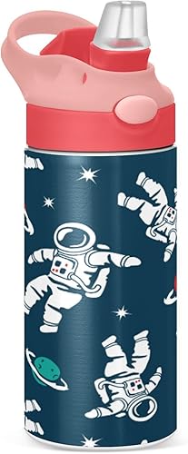 Cartoon Astronaut Space Planets Blue Kids Water Bottle with Silicone Straw for Girls Boys Cute Toddlers Insulated Stainless Steel with Straw Lid