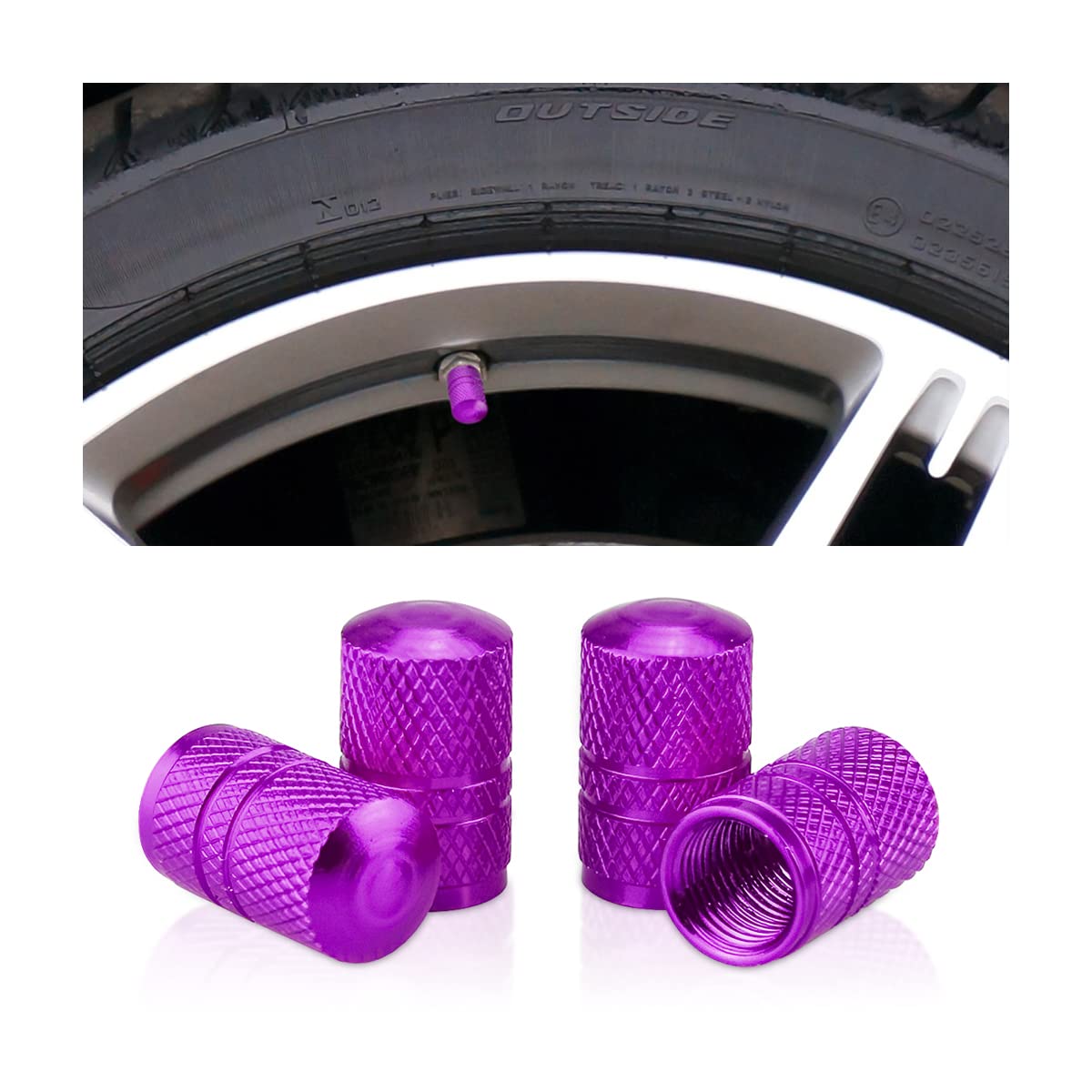 BESULEN 4 PCS Auto Tire Valve Caps, Aluminum Alloy Car Tire Valve Stem Covers, Metal Air Valve Lids Fit for Cars, SUVs, Bicycle, Trucks, Motorcycles, Universal Vehicle Accessories (Purple)