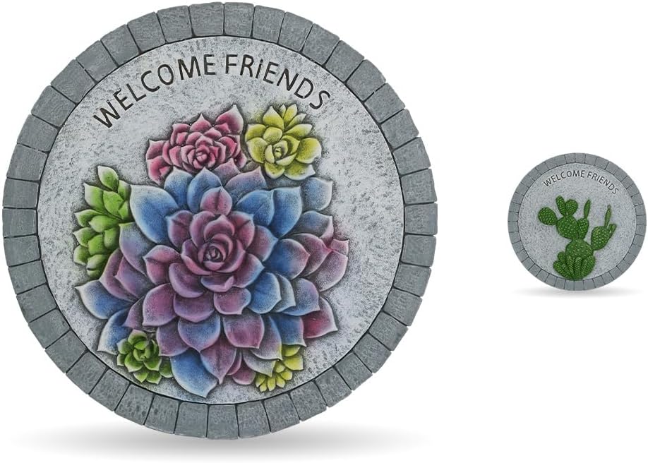 Landoraloria Cement Garden Stepping Stones Outdoor 10” Round Welcome Path Stones with Succulent Design, Outdoor Yard & Patio Decor Hand-Painted Cactus Welcome Sign